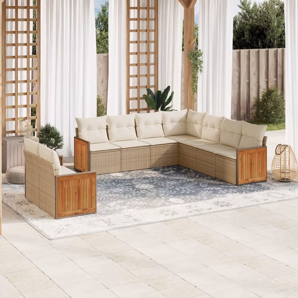 vidaXL Set Divano da Giardino a Forma di U in Polyrattan con Cuscini Beige e Struttura in Legno di Acacia – 1