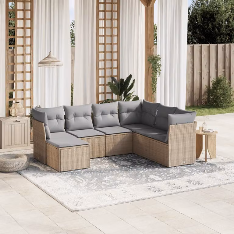 vidaXL Set Divano da Giardino a L 7 pz in Polyrattan con Cuscini Beige e Grigio e Struttura in Metallo