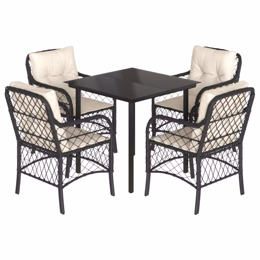 Set da Pranzo da Giardino 5 pz Nero con Cuscini in Polyrattan