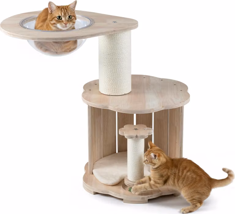 COSTWAY Tiragraffi piccolo, tiragraffi per gatti con capsula spaziale, grotta, palo tiragraffi, tappetino, pallina, 2 erbe gattine e 2 palline di legno. Tronco spesso, albero per arrampicarsi, naturale