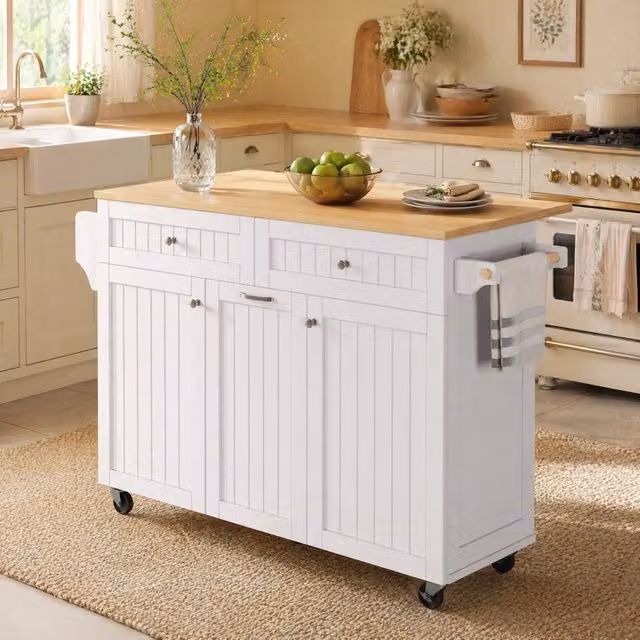 Isola cucina mobile con ruote e piano estraibile, con cassetti multifunzione, piano robusto bianco 140x40-70x92 cm