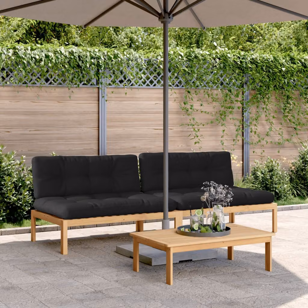 Set di 2 divani centrali da giardino vidaXL in legno massello di acacia con cuscini imbottiti marrone e nero