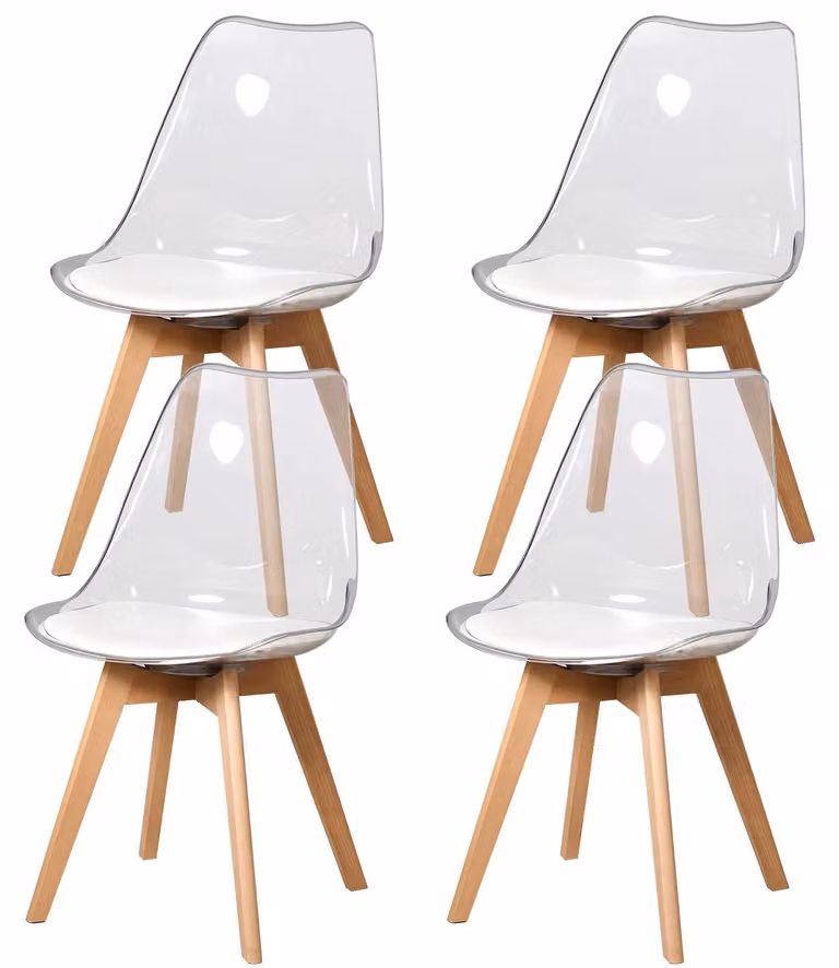 Set di sedie da pranzo - 4 pezzi - Imbottite - Seduta in poliuretano - Struttura in plastica acrilica - Gambe in legno di faggio - Colore: bianco