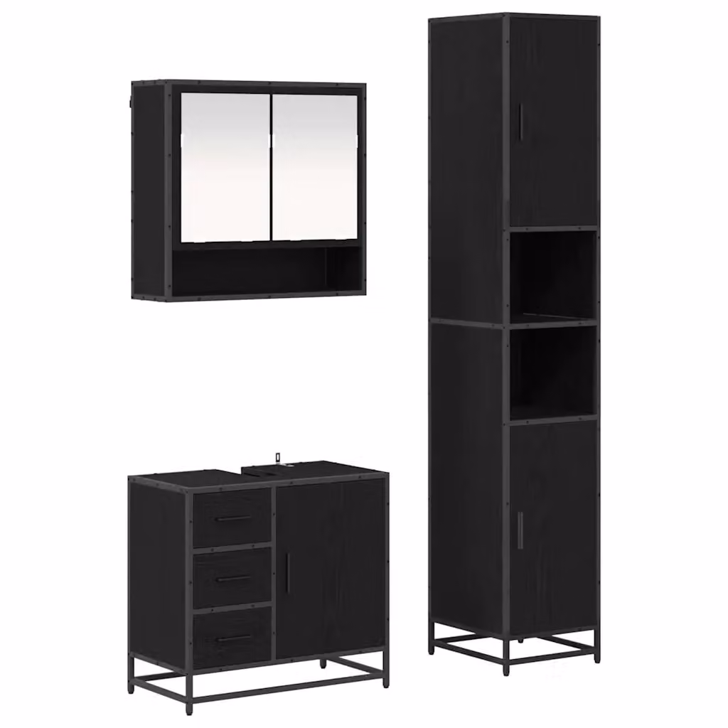 Set di mobili per il bagno vidaXL 3 pezzi in rovere e nero con armadietto a specchio e mobile lavabo L/P/H: 188,5 x 90 x 33 cm – 2