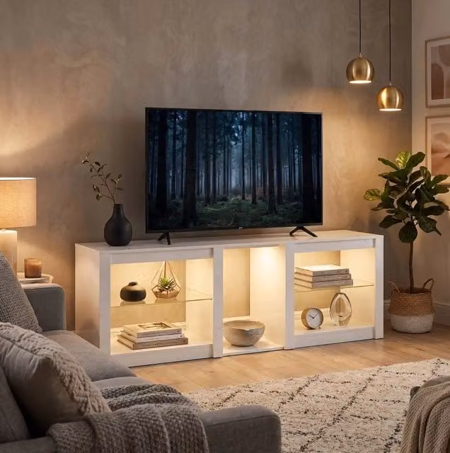 Mobile TV bianco lucido con illuminazione RGB, ripiani in vetro regolabili, per TV fino a 75 pollici