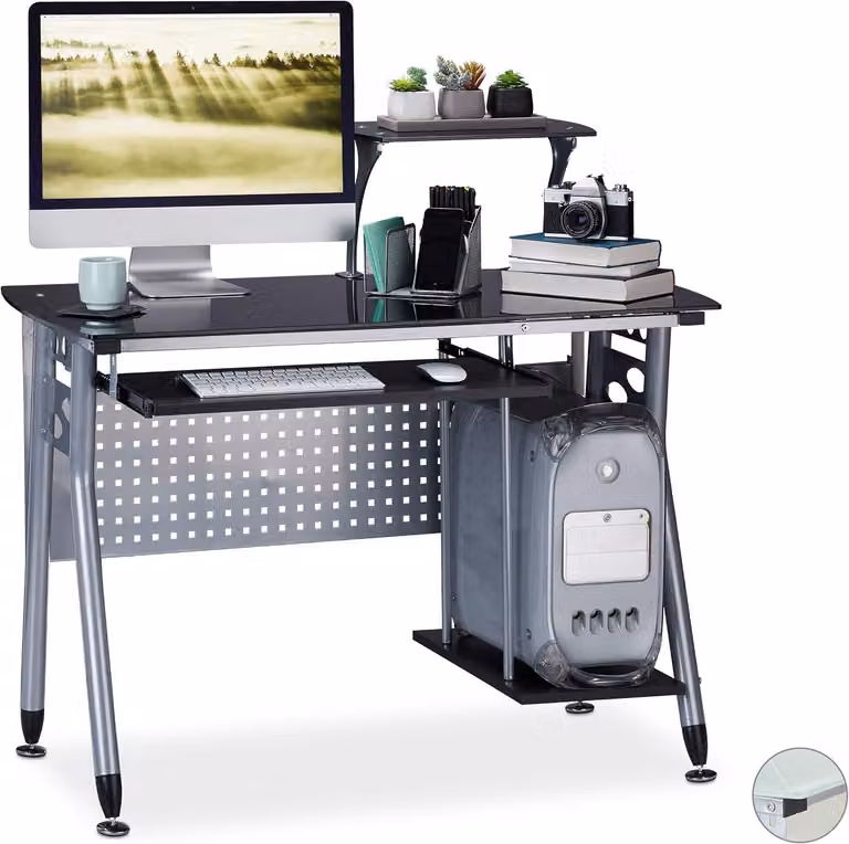 Scrivania per computer in vetro - Cassetto per tastiera - Scomparto per computer - 98x105x55 cm - Design moderno - Colore nero