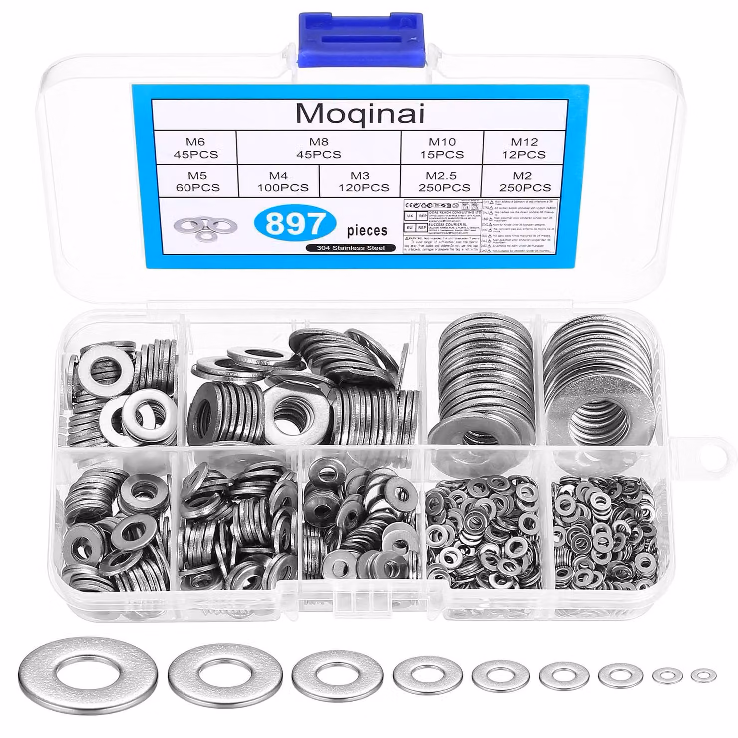 Rondelle piatte - M2 M2,5 M3 M4 M5 M6 M8 M10 M12 - Acciaio inossidabile - 897 pezzi - Con scatola portaoggetti