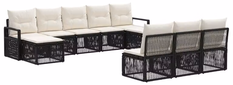 Set da giardino composto da 10 pezzi, colore nero, realizzato in rattan sintetico