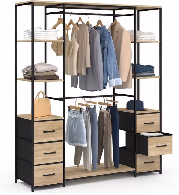 Armadio doppio UTAH con colonna IDMarket, colore nero e marrone, con 6 ripiani e 6 cestini in legno e tessuto, L 140 cm