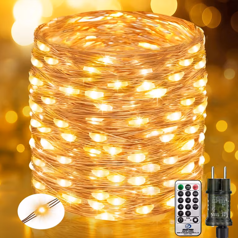 Catena luminosa a LED, 20 metri, 200 LED bianco caldo, filo di rame, con telecomando