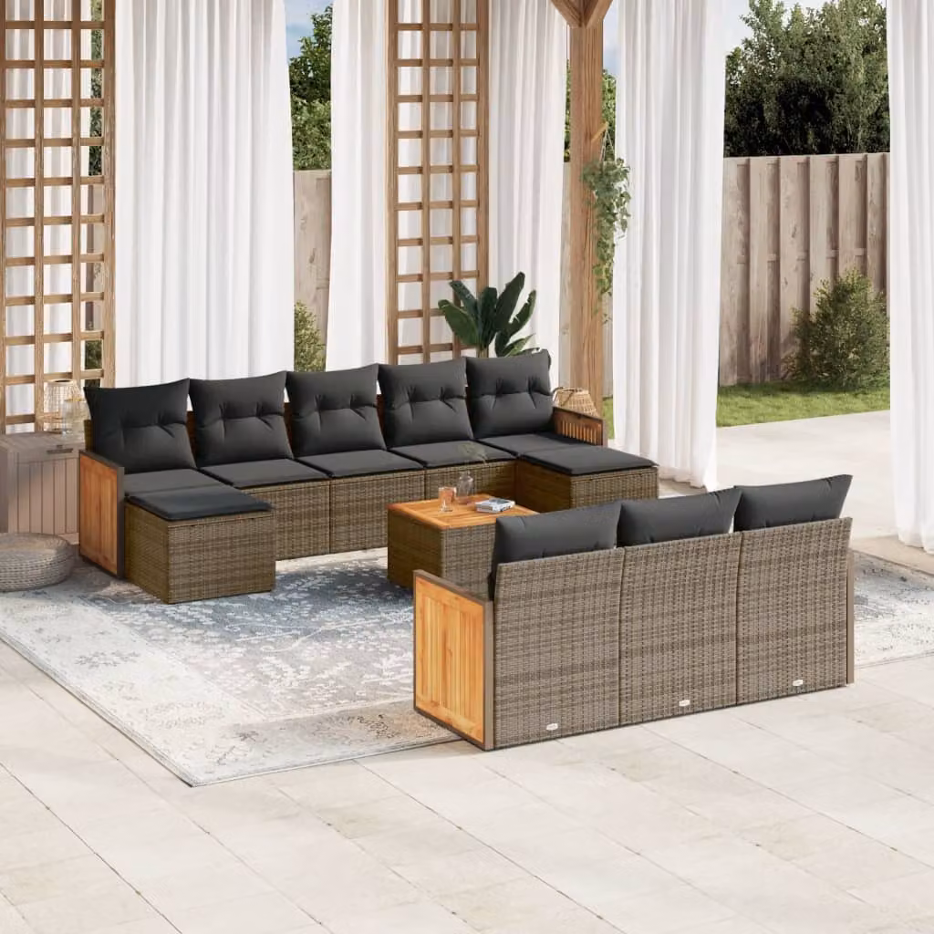 vidaXL Set Divani da Giardino 11 pz in Polyrattan Grigio con Cuscini e Tavolino da Caffè – 1