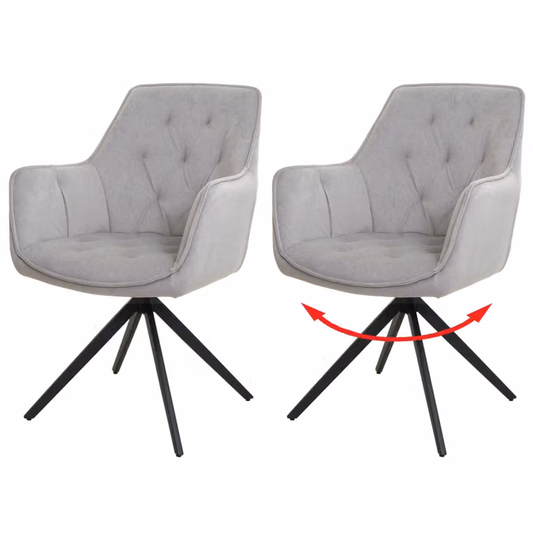 set di 2 sedie per sala da pranzo MCW-L80, sedia da cucina sedia imbottita con braccioli, girevole, metallo tessuto/tessuto ~ grigio chiaro