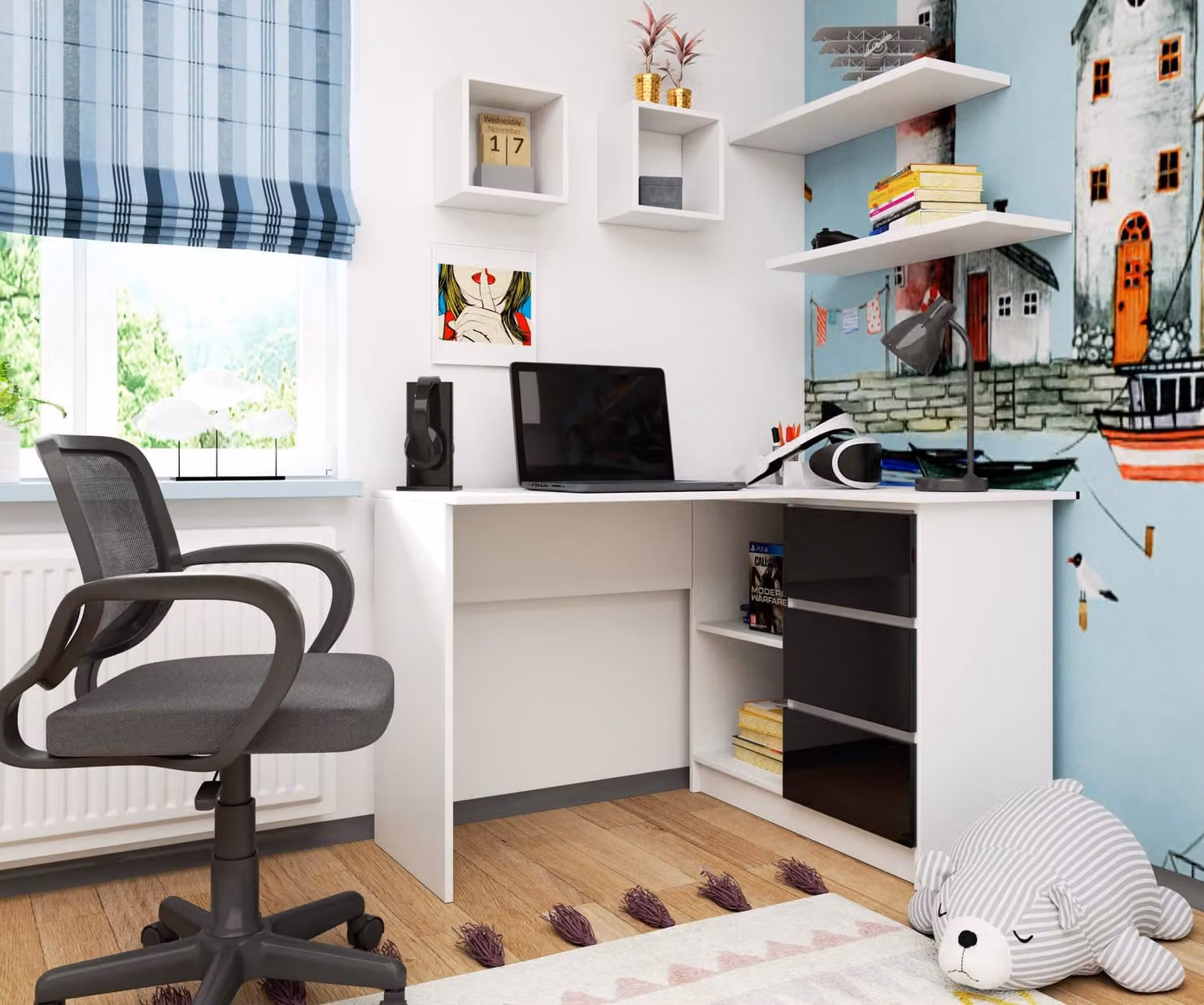 Scrivania angolare da 124 cm con 3 cassetti, scrivania per computer a forma di L, mobile angolare a 2 scomparti
