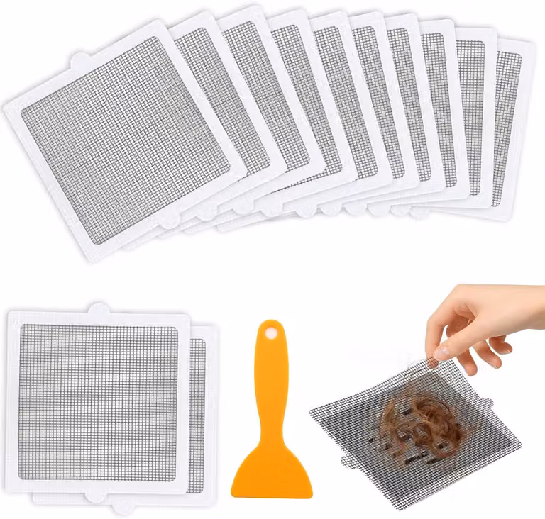 Filtro per scarico - Griglia per doccia - 15 x 15 cm - Filtro per scarico - Doccia - Peli - 20 pezzi - Retino anti-peli - Doccia con spatola in plastica - Griglia per doccia - Scarico
