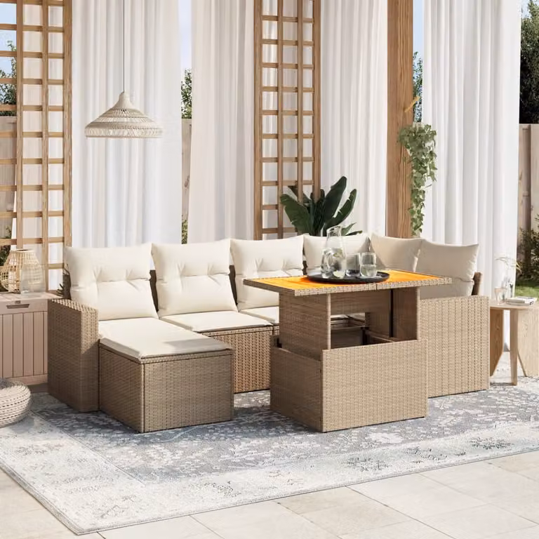 vidaXL Set Divani da Giardino 7 pz in Polyrattan con Cuscini Beige e Tavolino
