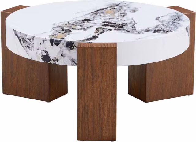 Set di Tavolini da Salotto rotondi in MDF effetto noce con piano in vetro di sicurezza trasparente