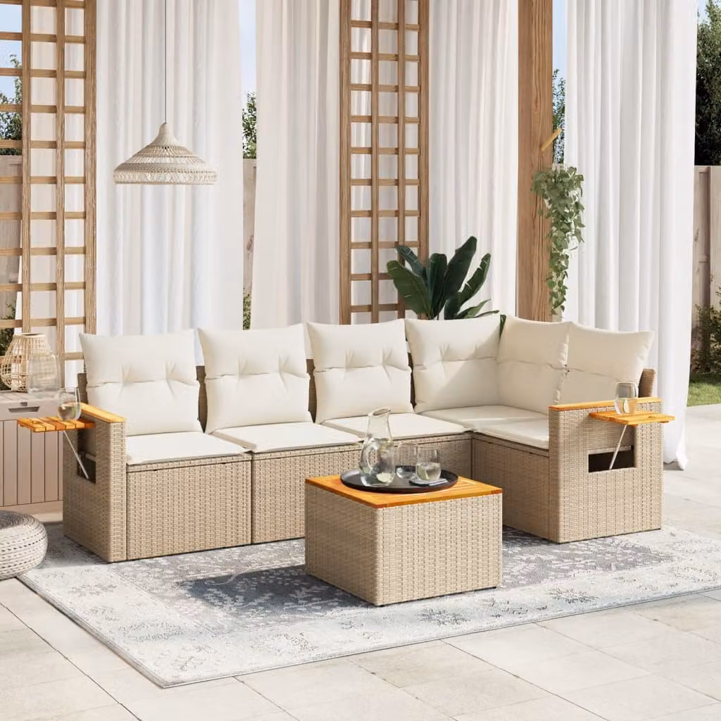 vidaXL Set Divano da Giardino a L in Polyrattan con Cuscini Beige e Tavolino da Esterno 6 pz – 1