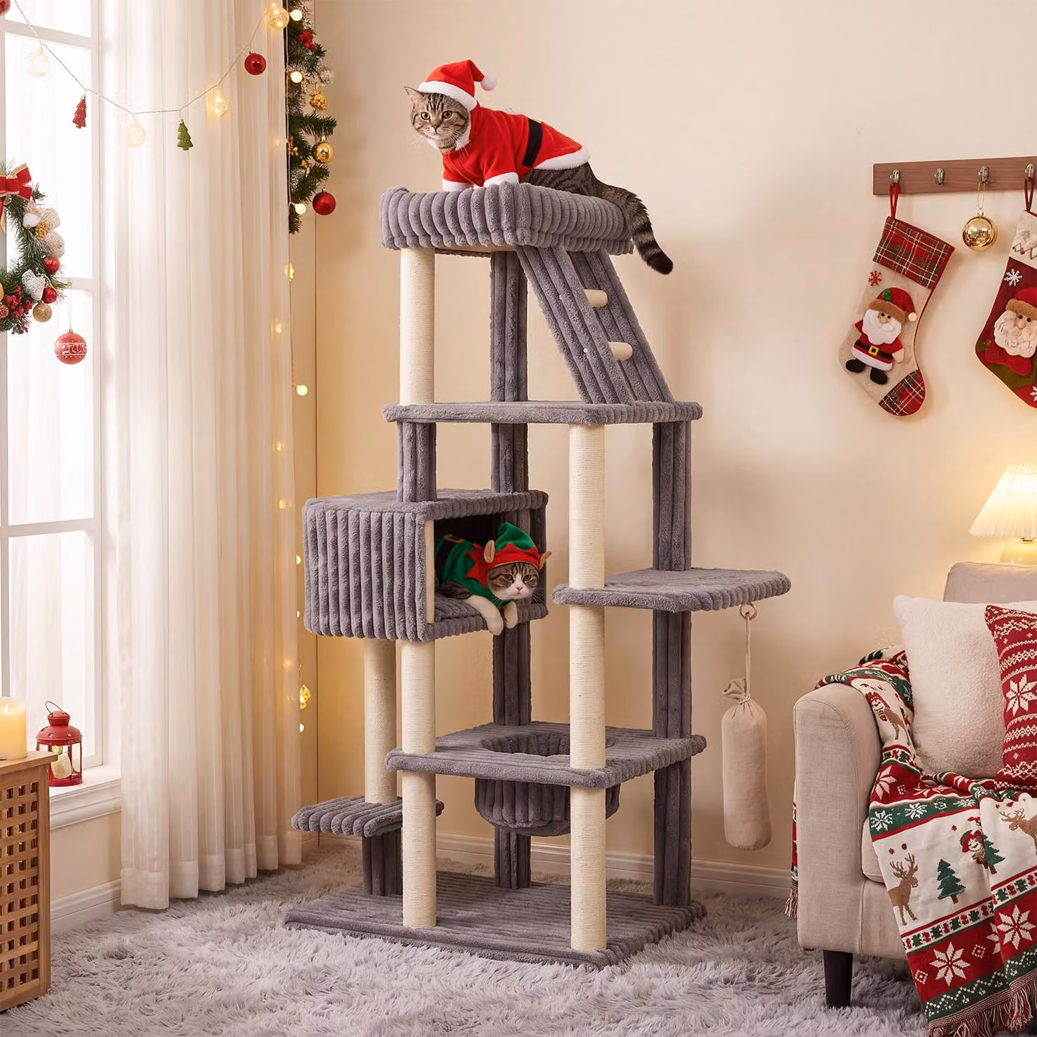 COSTWAY - Albero per gatti a più livelli da 180 cm, ideale per gatti di grossa taglia, con piattaforma panoramica, casetta, amaca, pali in sisal e sistema di protezione anticaduta
