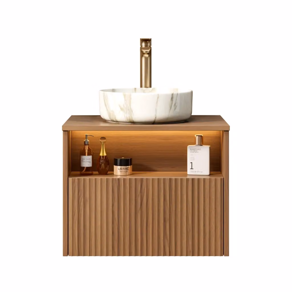 Mobile sottolavabo moderno per bagno con cassetto, ripiano e illuminazione LED, finitura rovere marrone e bianco, L: 60 cm, P: 46 cm, H: 58.8 cm – 2