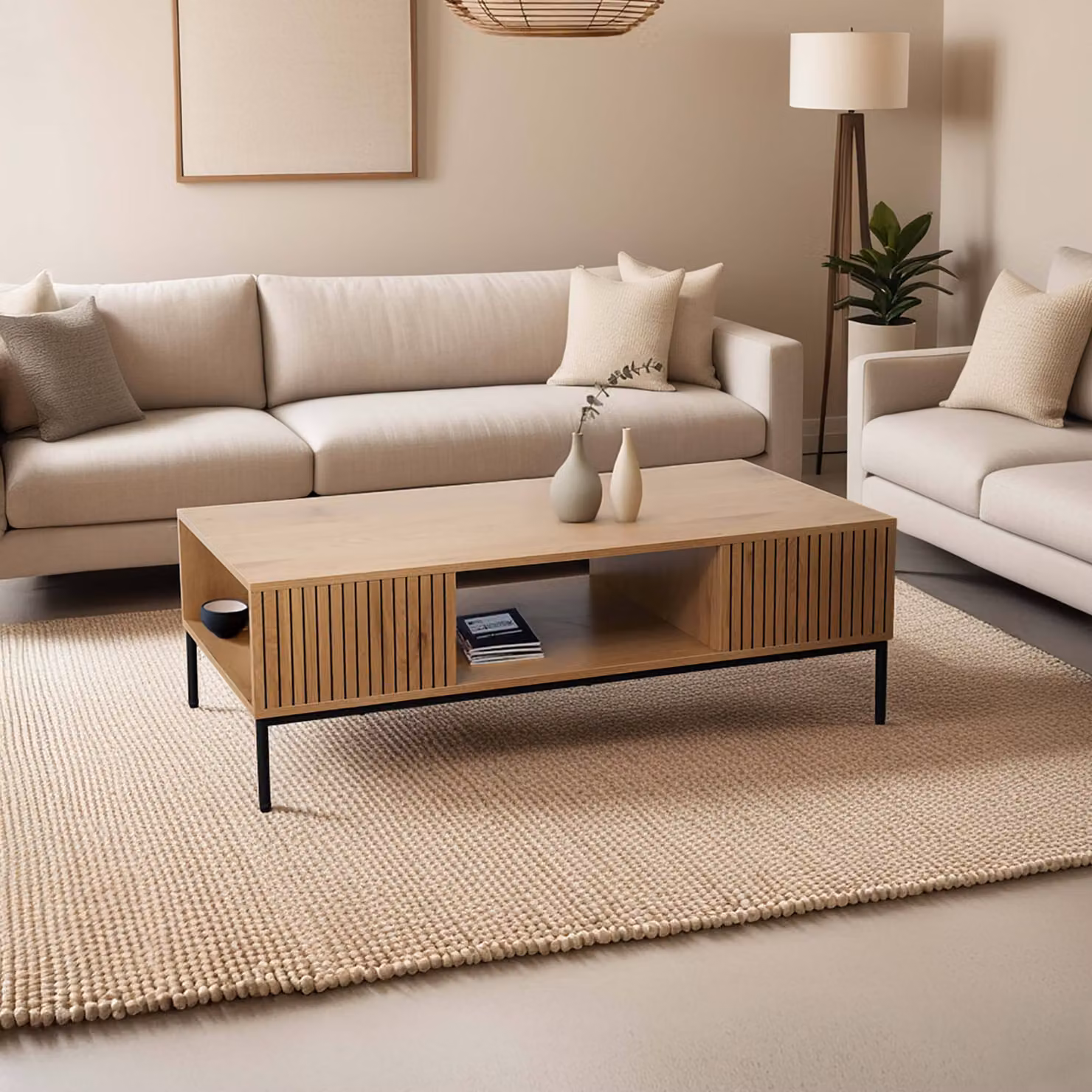 Tavolino in acciaio e MDF con decoro melaminico 120 cm beige - Oviala Dakota