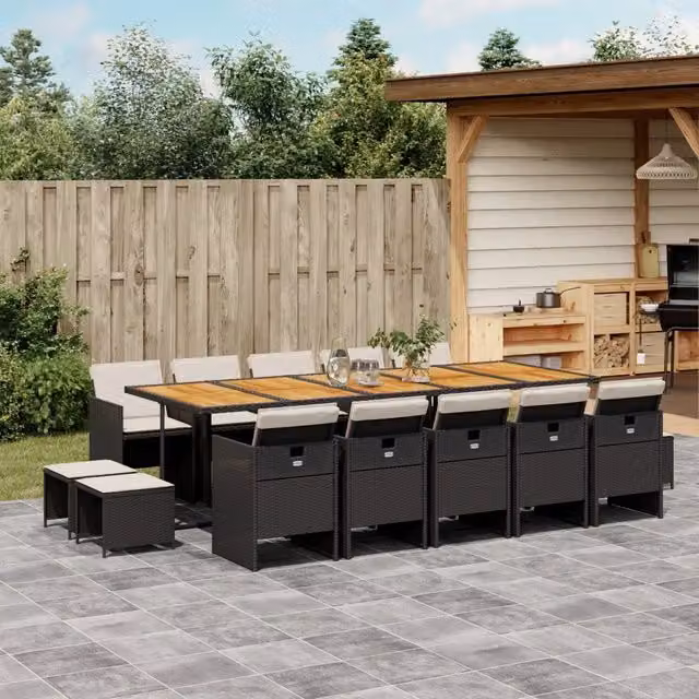 Set da pranzo da giardino vidaXL in polyrattan e legno di acacia nero con 15 pezzi e cuscini