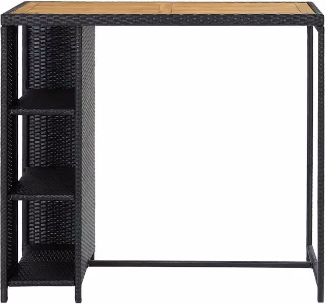 Tavolo da bar moderno in polyrattan nero con ripiani in legno di acacia L: 120 cm, P: 60 cm, H: 110 cm