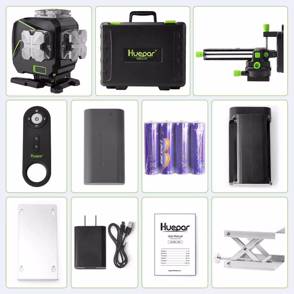 Livella laser a croce a 12 raggi - Laser verde 3D - Autolivellante - Con schermo LCD, Bluetooth e custodia rigida