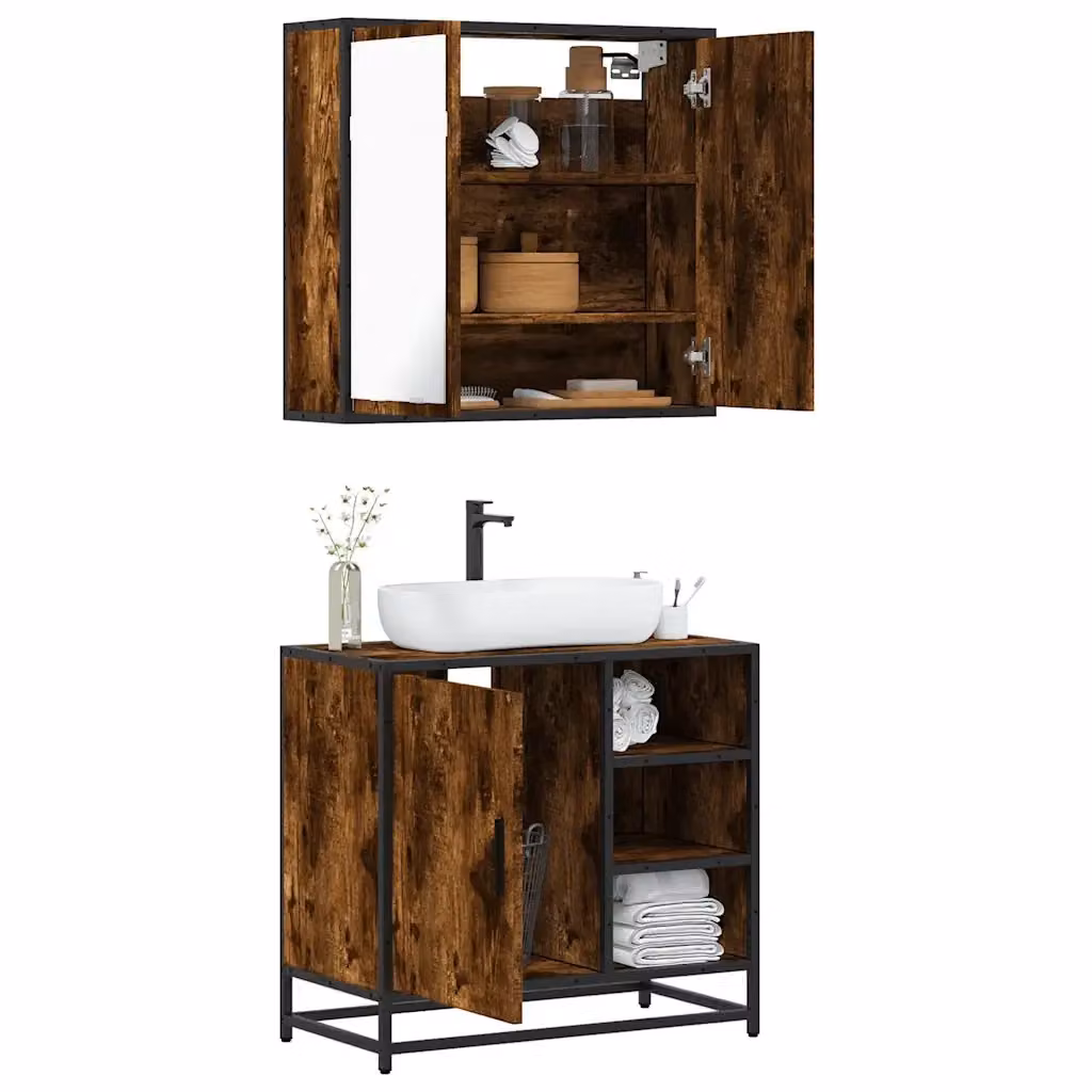 Set Mobili da Bagno Industrial in Legno e Metallo Marrone con Mobile Lavabo e Armadietto Specchio a Parete L/P/H: 65 x 33 x 60 cm – 2