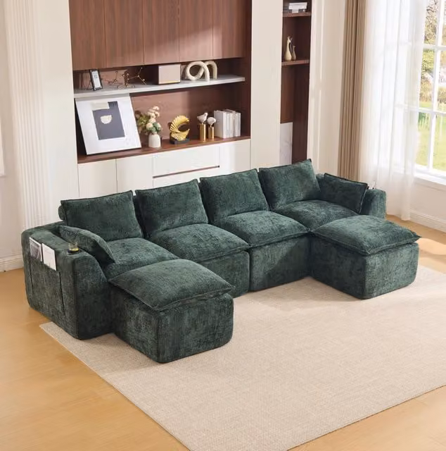 Divano modulare in ciniglia verde con tasche laterali e cuscini 322x161x75 cm