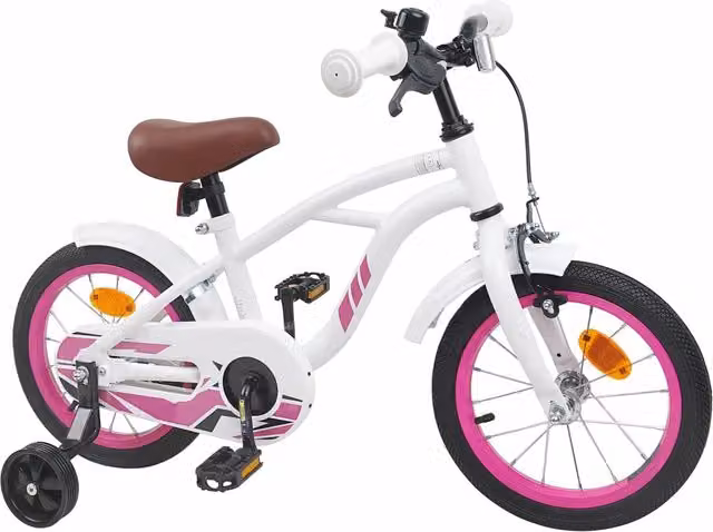Bicicletta per bambini da 14 pollici bianca con struttura in metallo e pneumatici in gomma