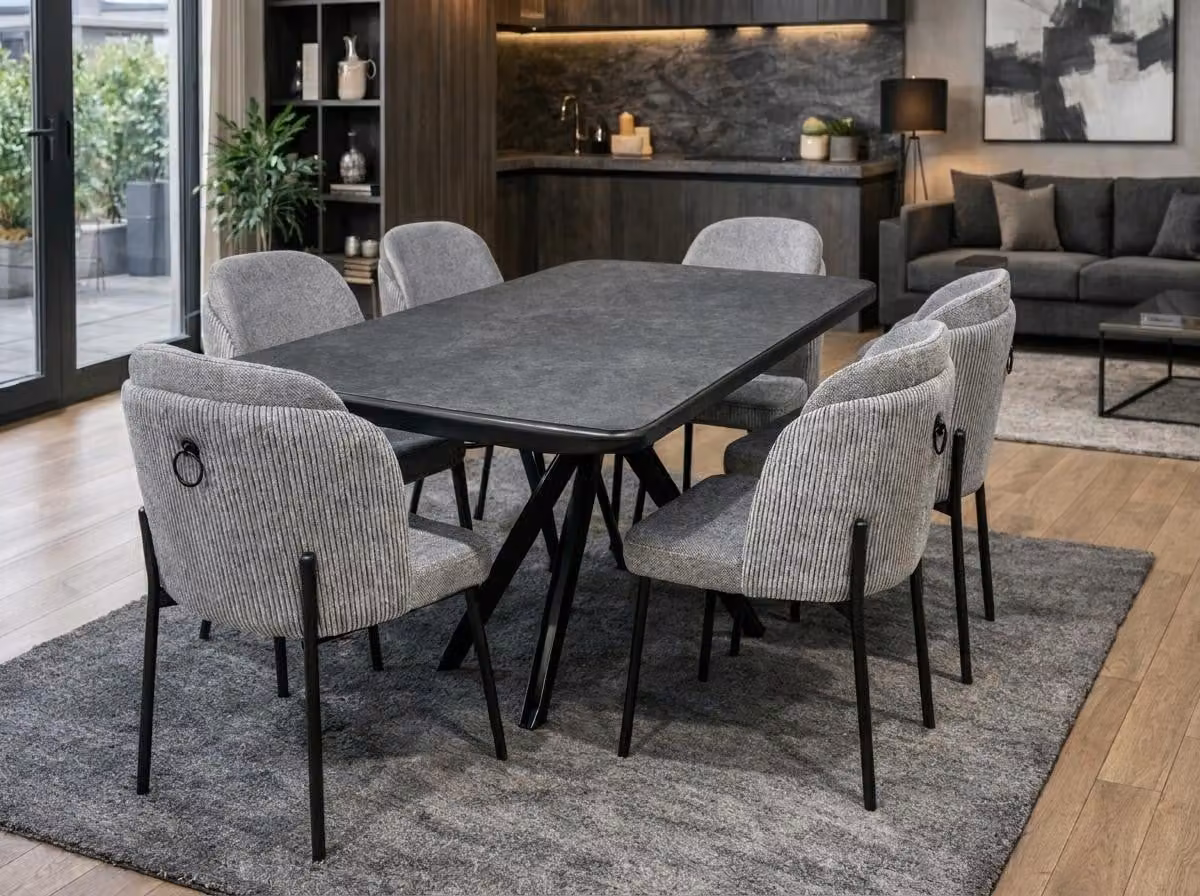 Tavolo da pranzo con 6 sedie, stile moderno, colore nero, forma rettangolare
