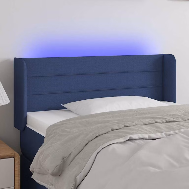 Testiera per letto vidaXL in tessuto blu con illuminazione LED integrata e porta di ricarica USB, L: 93 cm, P: 16 cm, H: 78-88 cm