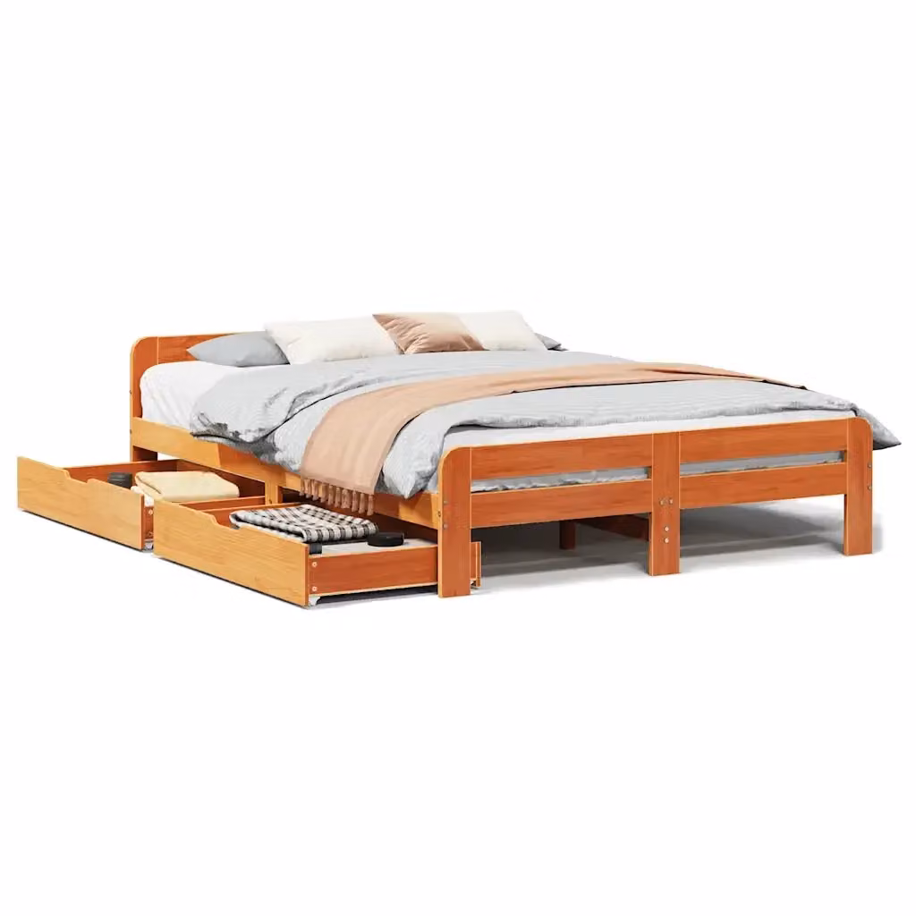 Letto in legno di pino massiccio vidaXL con cassetti, finitura marrone cera stile rustico, L/P/H: 200 x 150 x 154 cm – 2