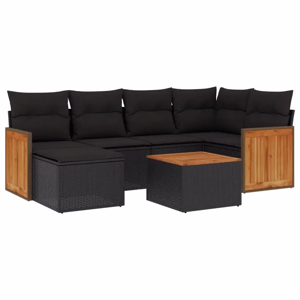 vidaXL Set Divani da Giardino a L con Cuscini 7pz Nero Polyrattan e Tavolino in Vetro – 2