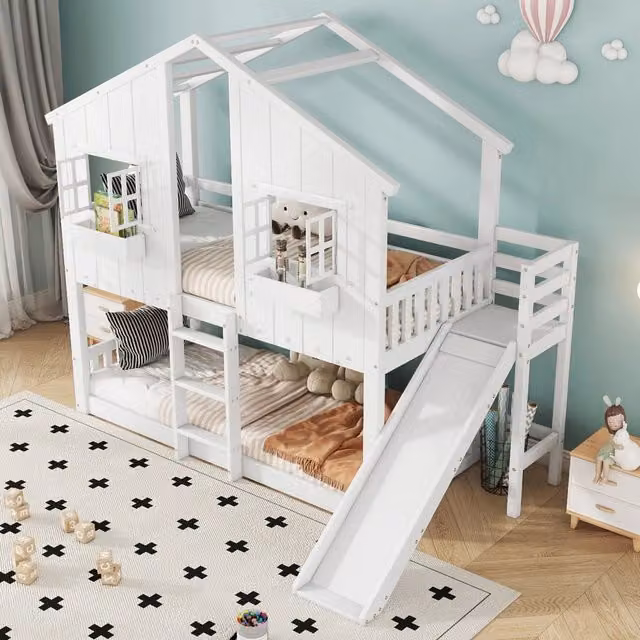Letto a castello per bambini 90×200 cm con scivolo, tetto e finestre, senza materasso, in pino e MDF bianco