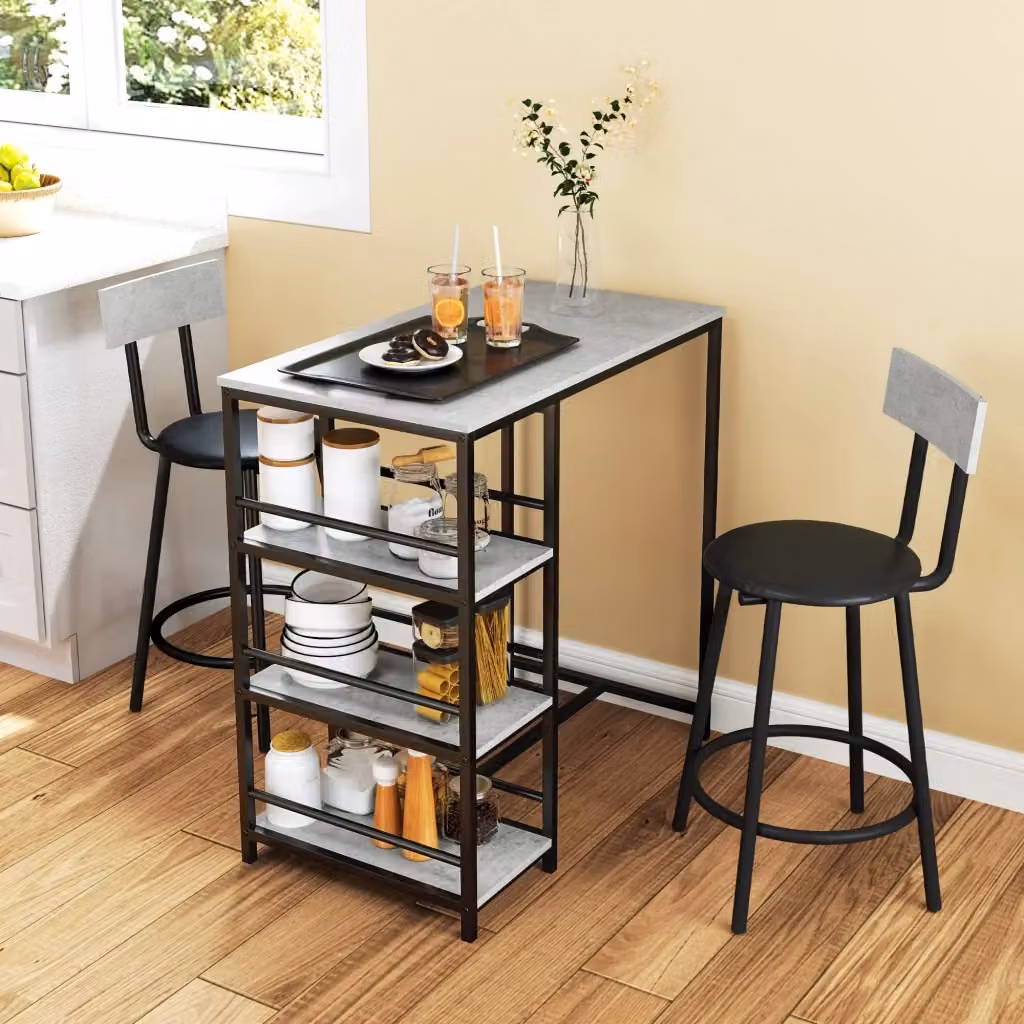 Set da Pranzo Moderno Giordanoshop con Bancone Bar con Ripiani e 2 Sedie Alte Grigio e Nero – 2