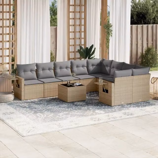 Set Divano da Giardino VIDAXL in Polyrattan con Cuscini Beige, 10 Pezzi – 1