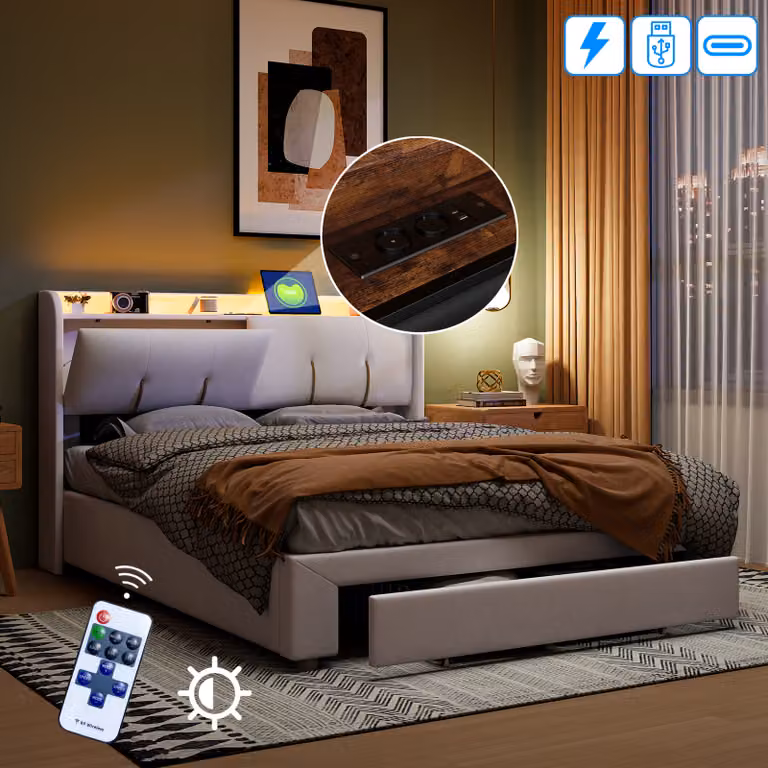 letto contenitore 160x200 cm con illuminazione a LED, rete a doghe, connessione USB tipo C e rivestimento in velluto bianco