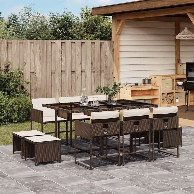 vidaXL Set da Pranzo da Giardino 11 pz in Polyrattan Marrone con Cuscini e Tavolo in Vetro