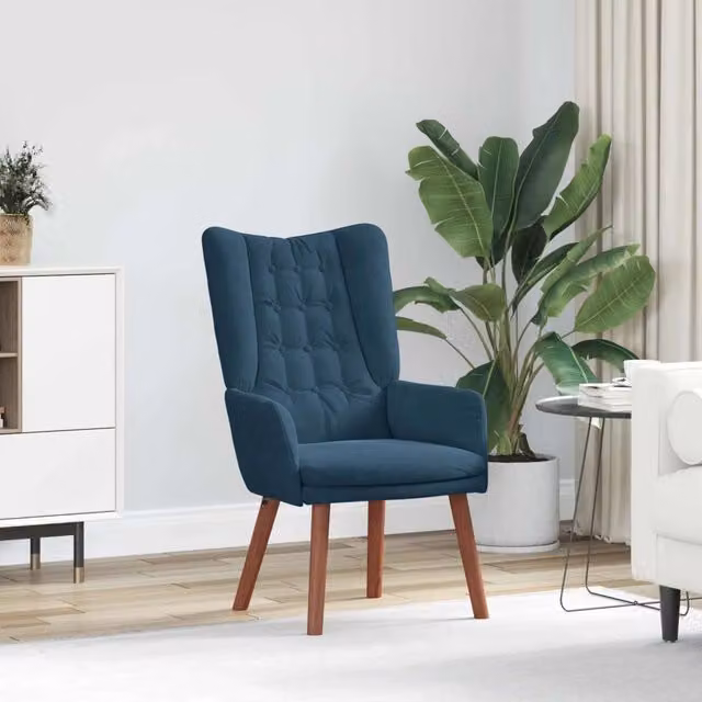 Poltrona a Sedia in Velluto Blu con Braccioli e Struttura in Legno di Gomma Design In L/P/H: 63 x 67 x 94 cm – 1