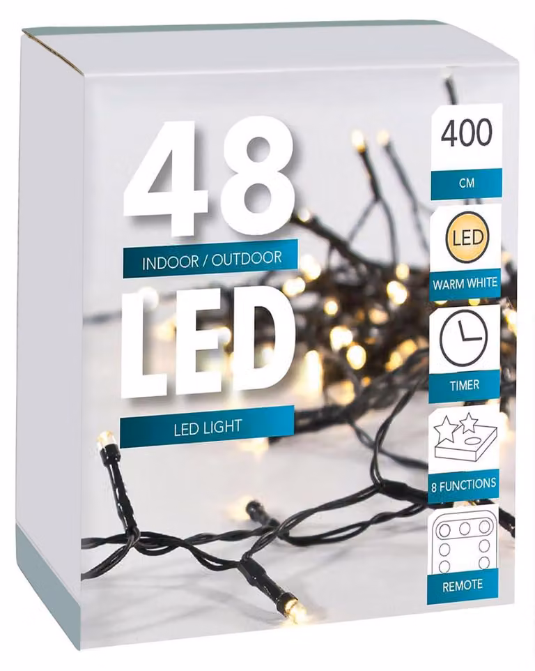 Catena luminosa a LED, composta da 48 luci, con timer e telecomando, cavo verde