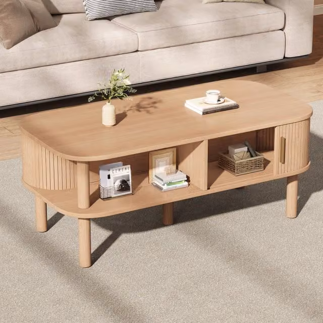 Tavolino basso OKWISH in stile scandinavo con anta scorrevole e vani contenitore in MDF beige, L: 110 cm, P: 55 cm, H: 45 cm