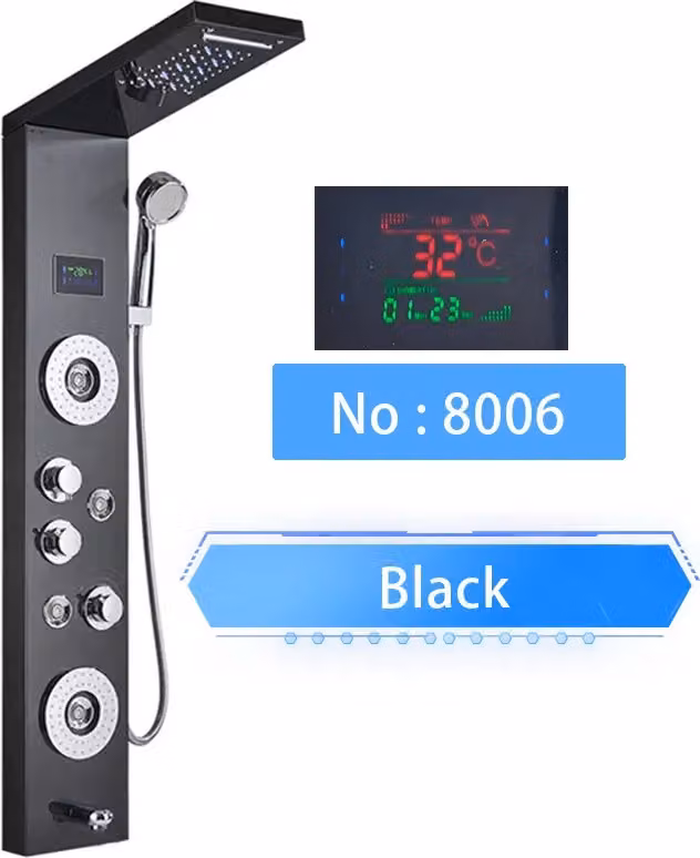 Pannello doccia a LED, display digitale della temperatura, installazione a parete, nero 8006