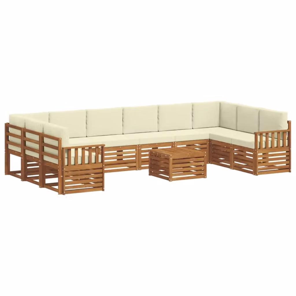 Set di divani da esterno vidaXL a forma di U in legno di acacia con tavolino e cuscini, colore beige e bianco – 2