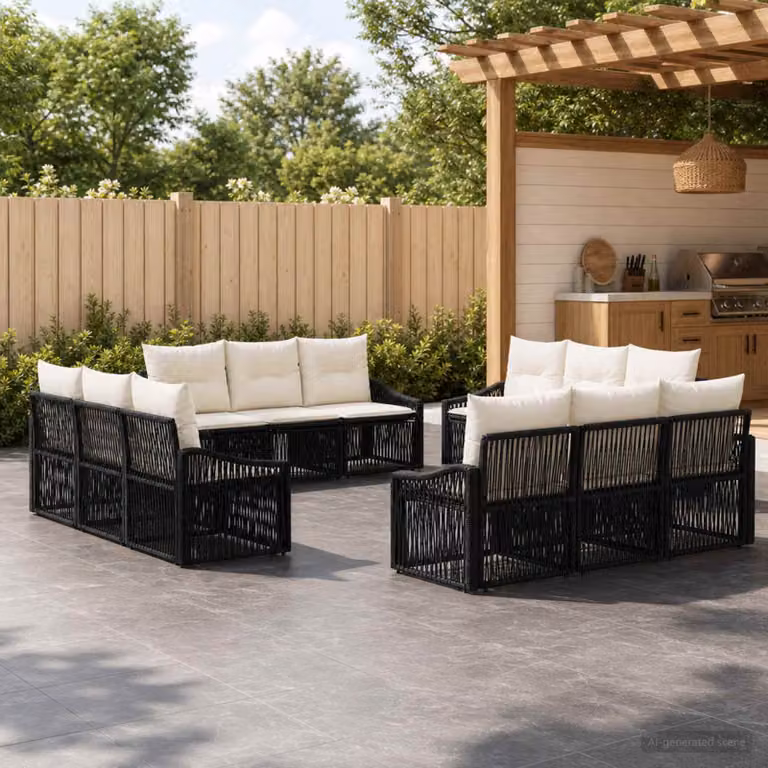 Set Divano da Giardino vidaXL a Forma a U in Polyrattan Nero con Cuscini e Struttura in Acciaio