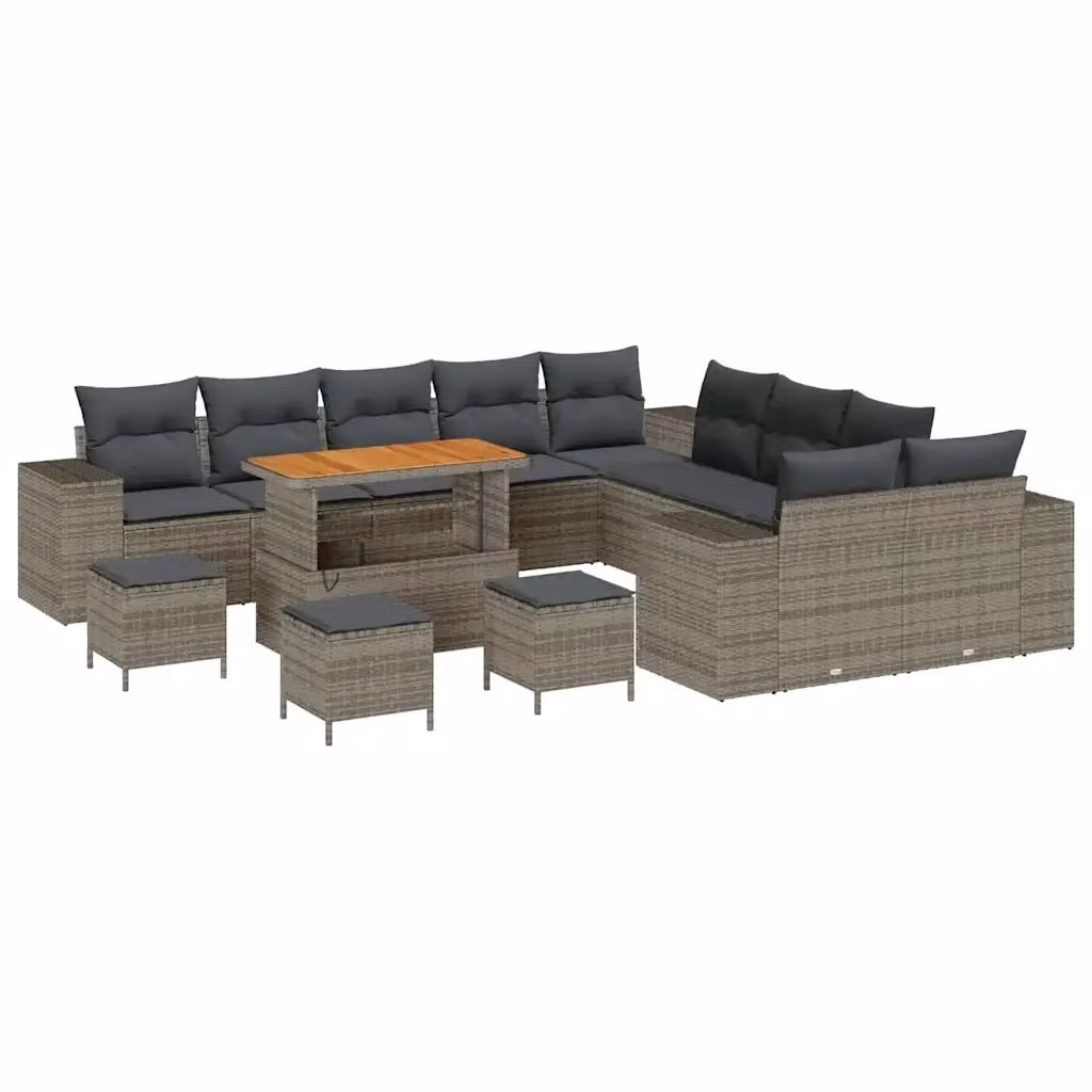 Set Divano da Giardino vidaXL a forma a U in Polyrattan Grigio con 14 Pezzi, Cuscini e Tavolino da Esterno – 2