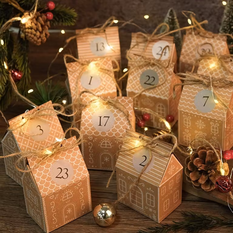 Calendario dell'Avvento da riempire - 24 casette di pan di zenzero da realizzare con le proprie mani. Calendario dell'Avvento da riempire per bambini, con adesivi, a tema natalizio e con corda di iuta