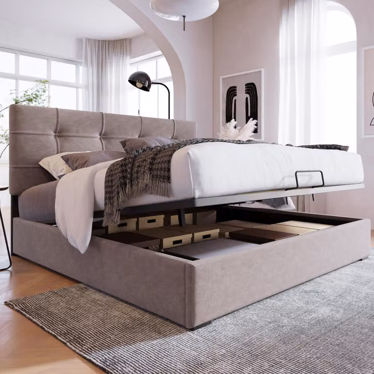 Letto imbottito 140x200 cm con spazio contenitore a sollevamento idraulico, poggiatesta regolabile in altezza e rete a doghe, struttura in velluto color grigio chiaro