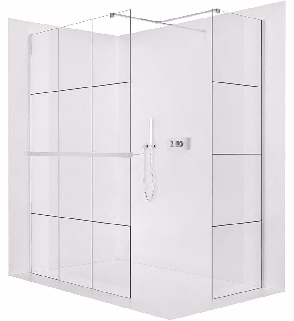Pannello doccia a filo Onyx T L/P - 8 mm - montante quadrato + ripiano/portasciugamani - cromato, vetro industriale - 160x90x200 cm