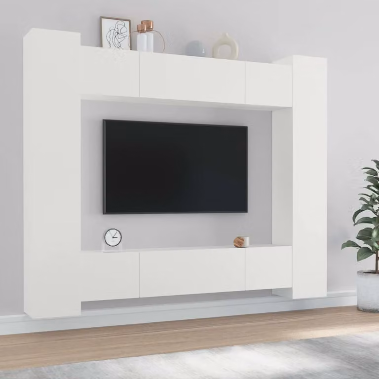 Set di mobili porta TV da 8 pezzi vidaXL in legno e MDF bianco per soggiorno, modello a parete